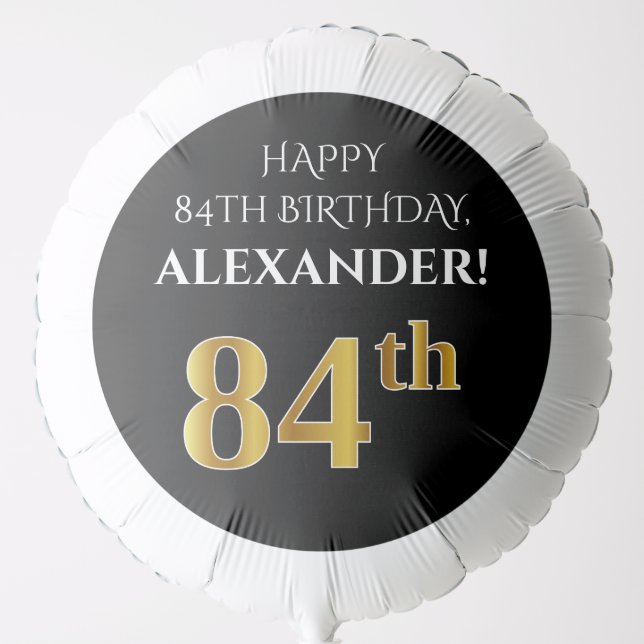 Elegant, Black, Faux Gold Look 84th Birthday Balloon (Front)