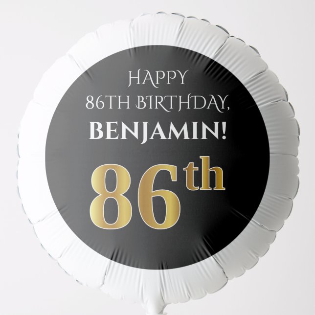 Elegant, Black, Faux Gold Look 86th Birthday Balloon (Front)
