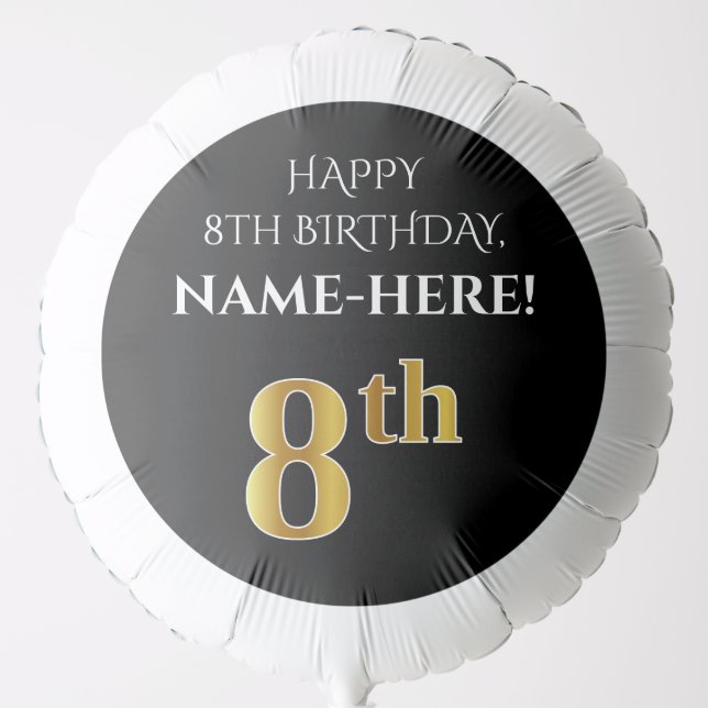 Elegant, Black, Faux Gold Look 8th Birthday Balloon (Front)