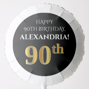 Elegant, Black, Faux Gold Look 90th Birthday Balloon
