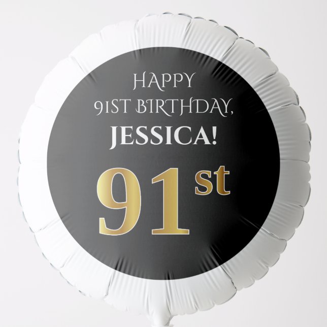 Elegant, Black, Faux Gold Look 91st Birthday Balloon (Front)