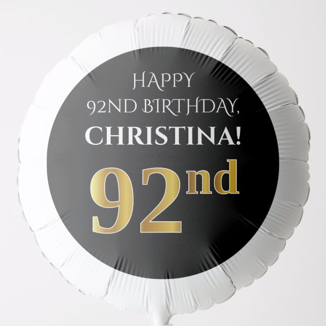 Elegant, Black, Faux Gold Look 92nd Birthday Balloon (Front)