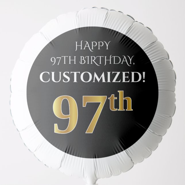Elegant, Black, Faux Gold Look 97th Birthday Balloon (Front)