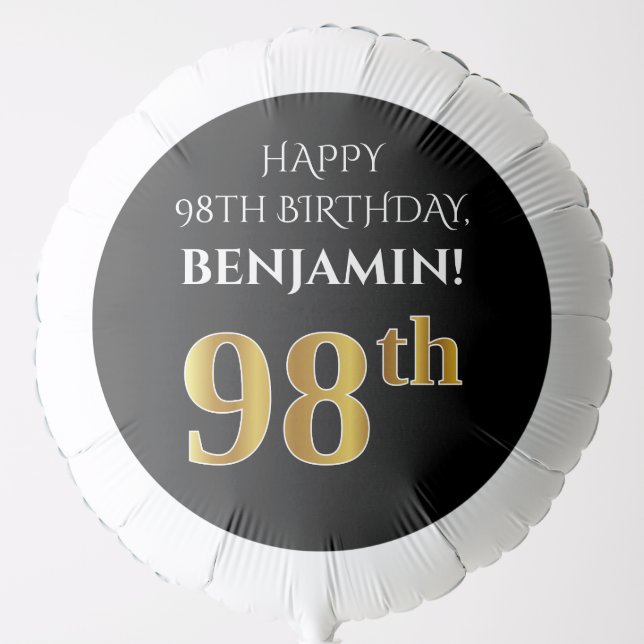 Elegant, Black, Faux Gold Look 98th Birthday Balloon (Front)