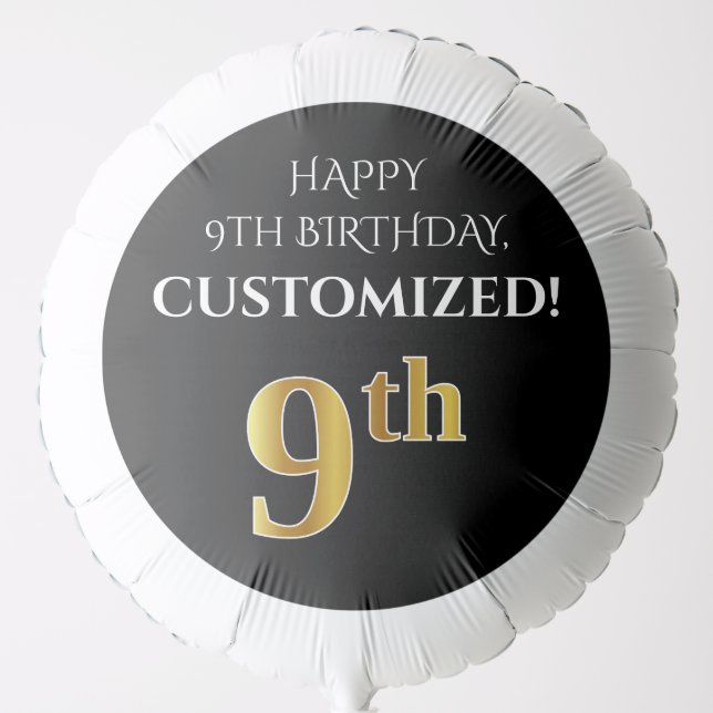 Elegant, Black, Faux Gold Look 9th Birthday Balloon (Front)