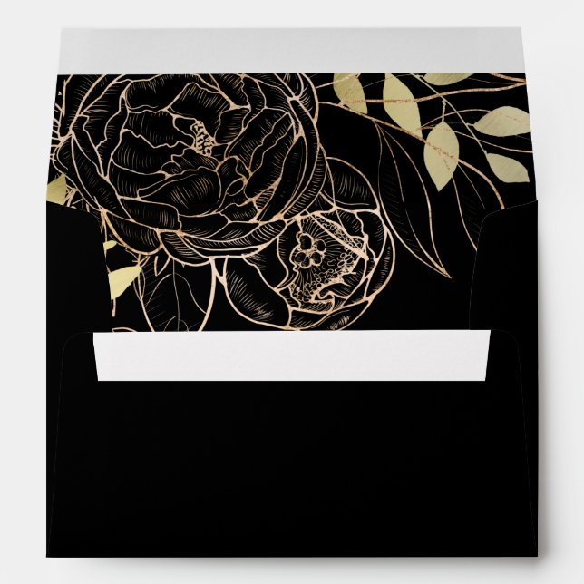 Elegant Black & Faux Gold Modern Floral Wedding Envelope (Back (Bottom))