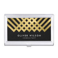 Elegant Black Faux Gold Modern Geometric Business Card Case