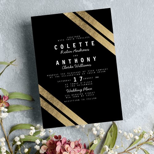 Elegant black faux gold modern stripes wedding invitation