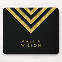 Elegant Black Faux Gold Name Chevron Geometric Mouse Pad