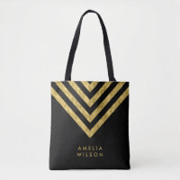 Elegant Black Faux Gold Name Chevron Pattern Tote Bag