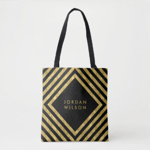 Elegant Black Faux Gold Square Lines Geometric Tote Bag