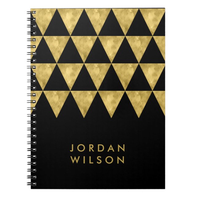 Elegant Black Faux Gold Triangle Pattern Notebook (Front)