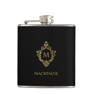 Elegant Black Faux Gold Vintage Monogram in Crest Flask