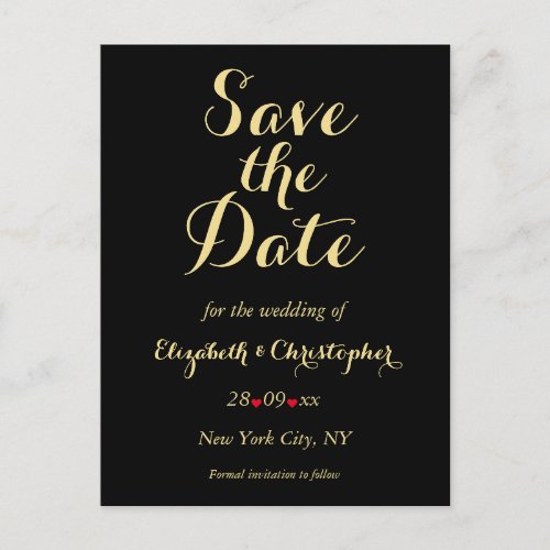 Elegant Black Faux Gold Wedding Save the Date Postcard