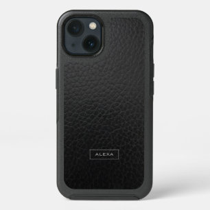 Elegant Black Faux Leather Custom Monogram iPhone 13 Case