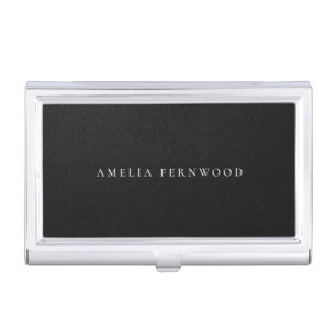 Elegant Black Faux Leather Custom Name Business Card Case
