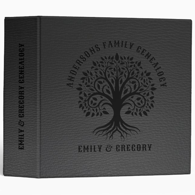 Elegant Black Faux Leather Family Genealogy 3 Ring Binder (Front/Spine)