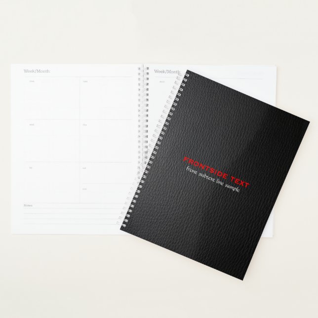 Elegant Black Faux Leather Look Red Text Planner (Display)