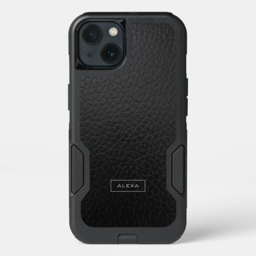Elegant Black Faux Leather Monogram iPhone 13 Case