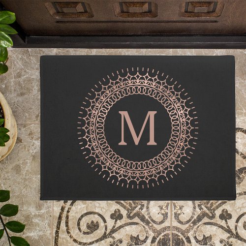 Elegant Black  Faux Rose Gold Initial Monogram Doormat