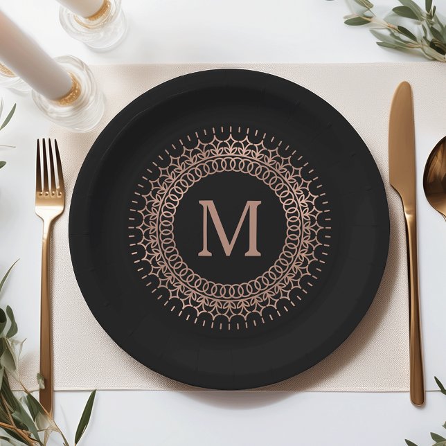 Elegant Black & Faux Rose Gold Initial Monogram Paper Plates (Creator Uploaded)