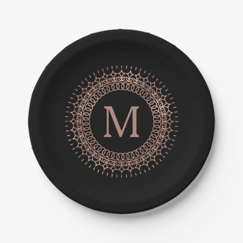 Elegant Black  Faux Rose Gold Initial Monogram Paper Plates