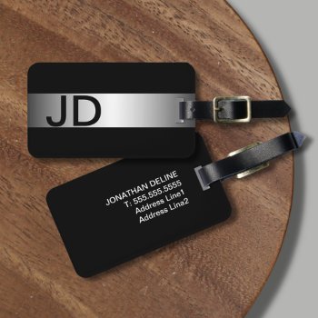 Elegant Black Faux Silver Bold Monogram Luggage Tag by Weaselgift at Zazzle