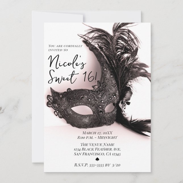Elegant Black Feather Masquerade Blush Sweet 16 Invitation (Front)