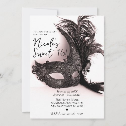 Elegant Black Feather Masquerade Blush Sweet 16 Invitation