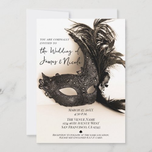 Elegant Black Feather Masquerade Mask Tan Wedding Invitation