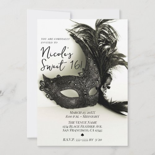 Elegant Black Feather Masquerade Sage Sweet 16 Invitation