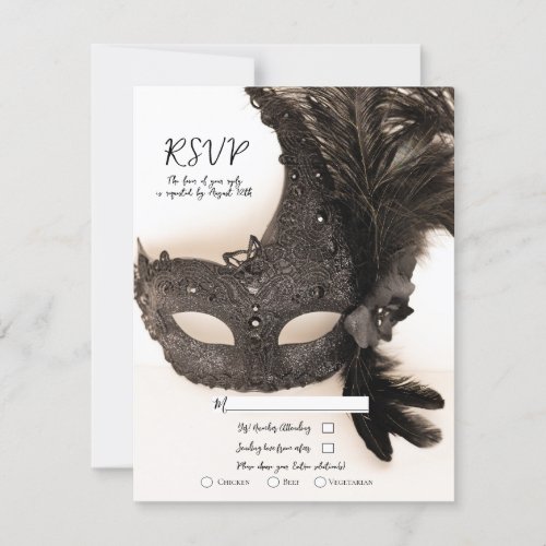 Elegant Black Feather Masquerade Tan Wedding RSVP  Invitation
