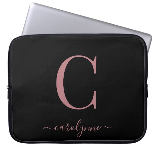 Elegant Black Feminine Rose Gold Monogram Laptop Sleeve