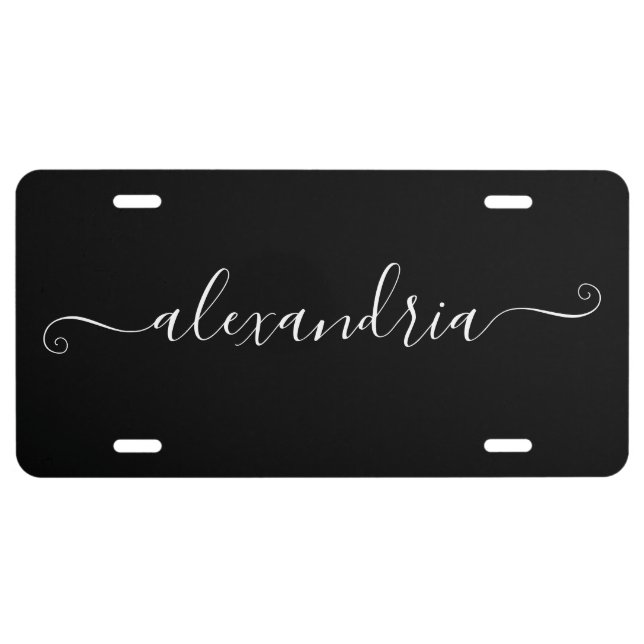 Elegant Black Feminine Script Calligraphy Name License Plate (Front)