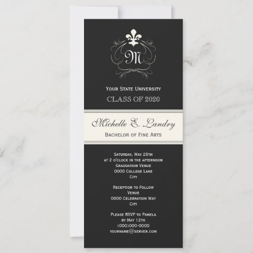 Elegant Black Fleur de Lis Formal Graduation Personalized Invitation