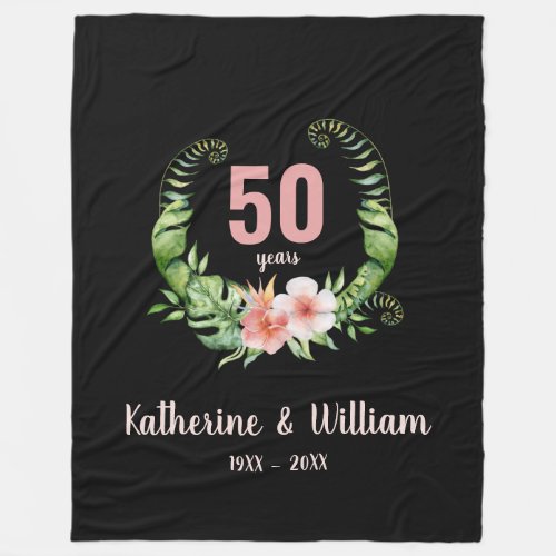 Elegant black floral 50th anniversary fleece blanket