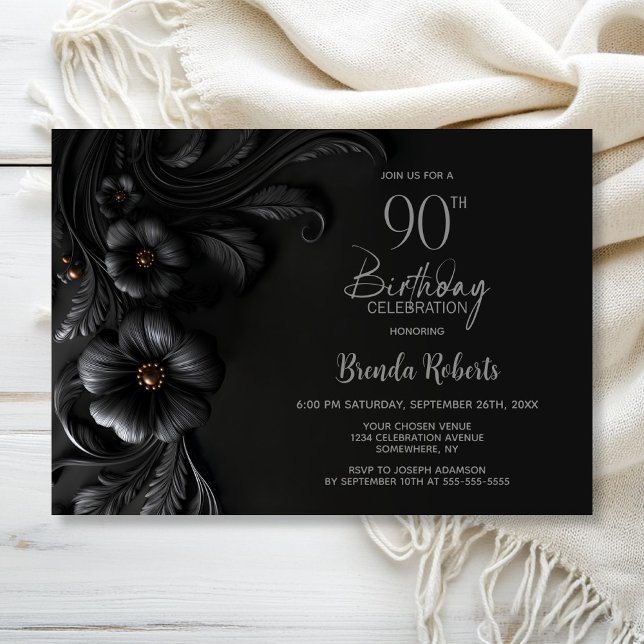 Elegant Black Floral 90th Birthday Party Invitation (Creator Uploaded)