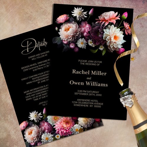 Elegant Black Floral All In One Wedding Invitation