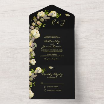 Elegant Black Floral All In One Wedding Invitation by FancyMeWedding at Zazzle