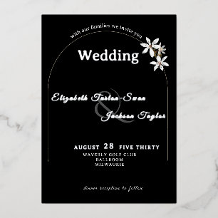 Elegant Black Floral Arch Typography Wedding Foil Invitation