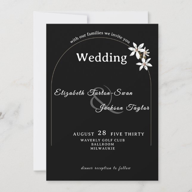 Elegant Black Floral Arch Typography Wedding Invitation (Front)