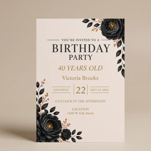 Elegant Black Floral Birthday Party Invitation