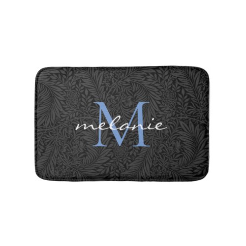 Elegant Black Floral Blue Script Monogram Bath Mat