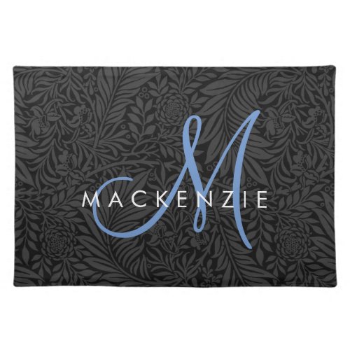 Elegant Black Floral Blue Script Monogram Cloth Placemat