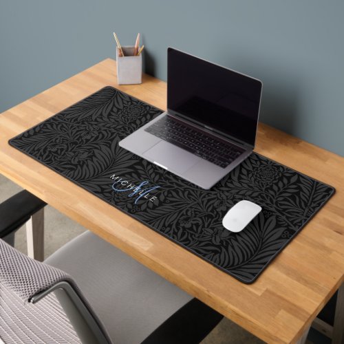 Elegant Black Floral Blue Script Monogram Desk Mat