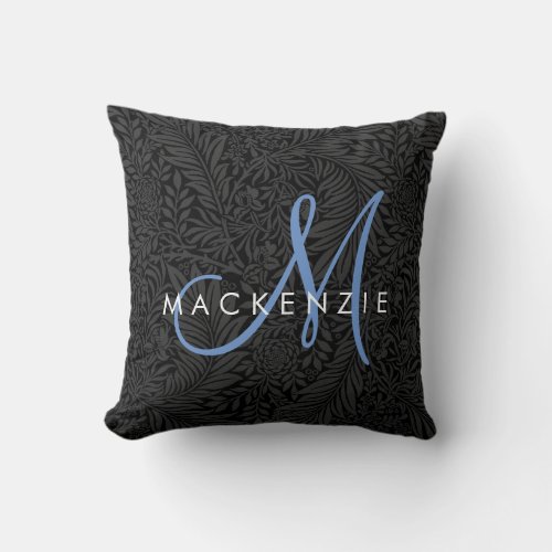 Elegant Black Floral Blue Script Monogram Throw Pillow