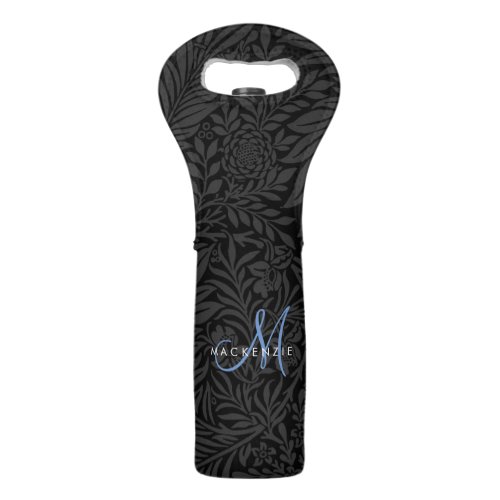 Elegant Black Floral Blue Script Monogram Wine Bag