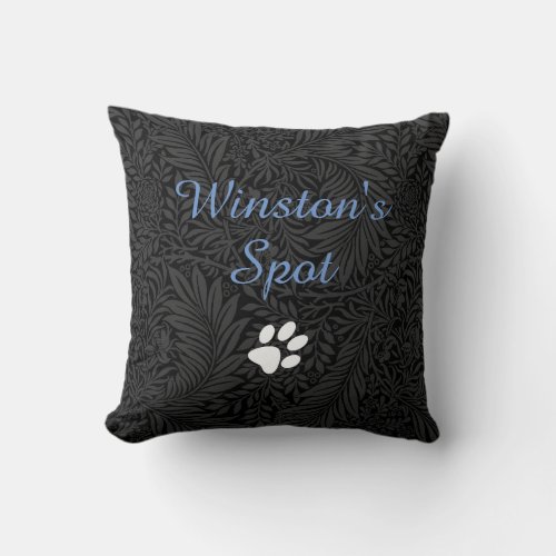 Elegant Black Floral Blue Script Pet Name Throw Pillow