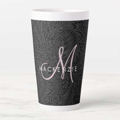 Elegant Black Floral Blush Pink Script Monogram Latte Mug