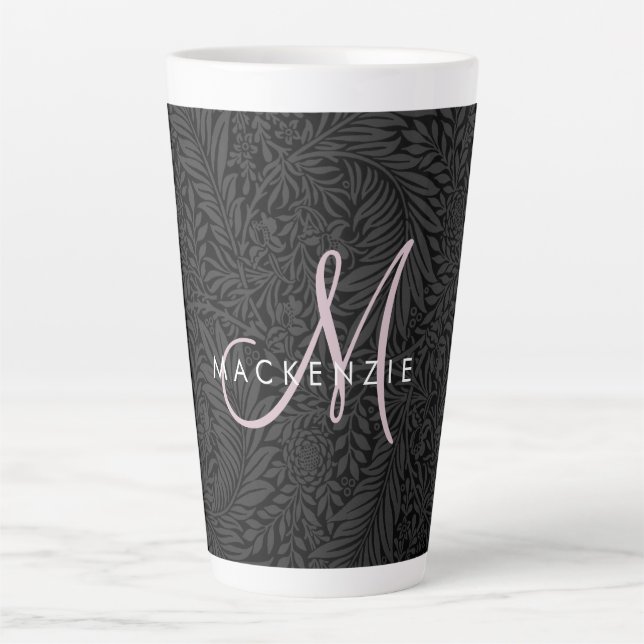 Elegant Black Floral Blush Pink Script Monogram Latte Mug (Front)